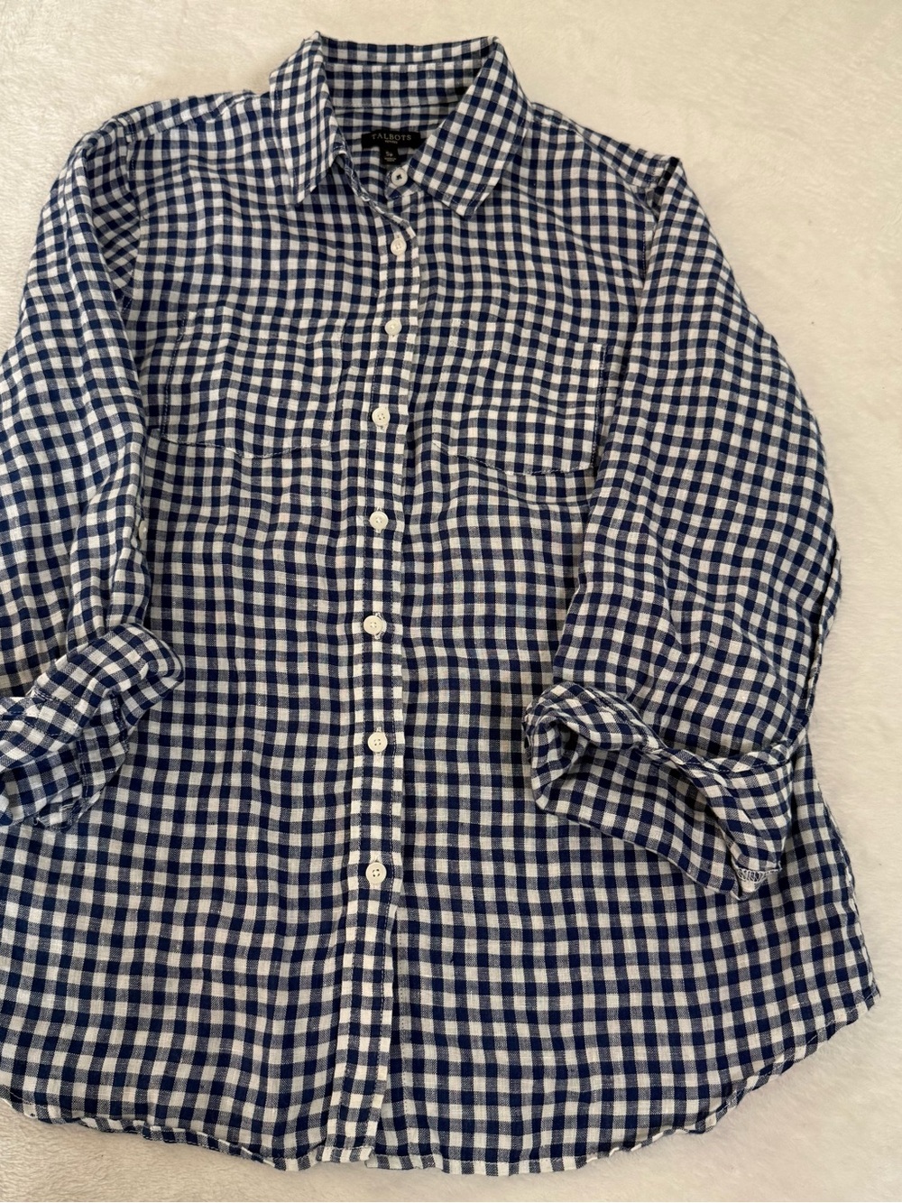 Talbots Petites Women’s SP Small Petite Navy White Gingham Button Down Linen